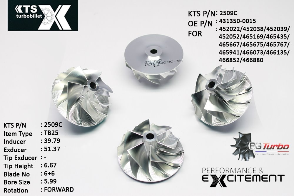 Turbo ROUE FORGÉE MFS PERFORMANCE - 6+6 PALES - INDUCER : 39,79 - EXDUCER : 51,37 - TYPE : TB25ANGLE : 75° - ROTATION : Forward - SUPER BACK : 2,24 - BORE SIZE : 5,99
